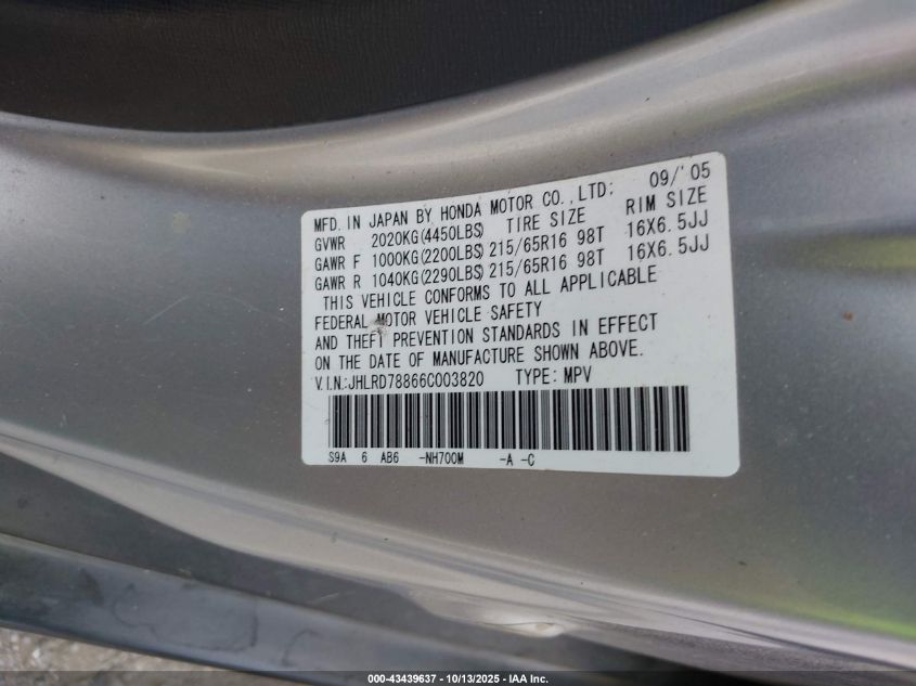 2006 Honda Cr-V Ex VIN: JHLRD78866C003820 Lot: 43439637