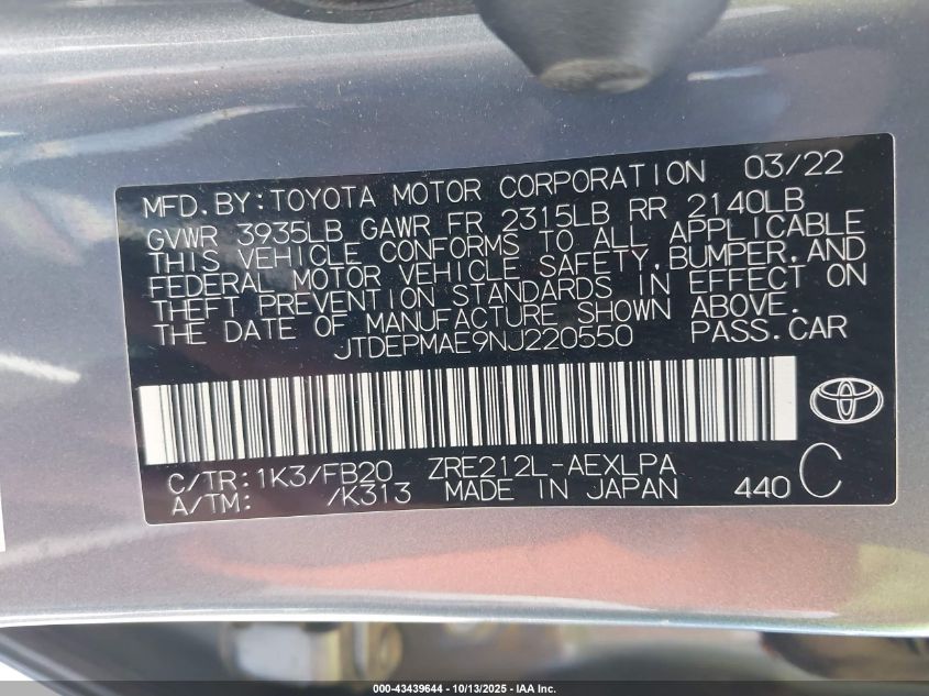 2022 Toyota Corolla Le VIN: JTDEPMAE9NJ220550 Lot: 43439644