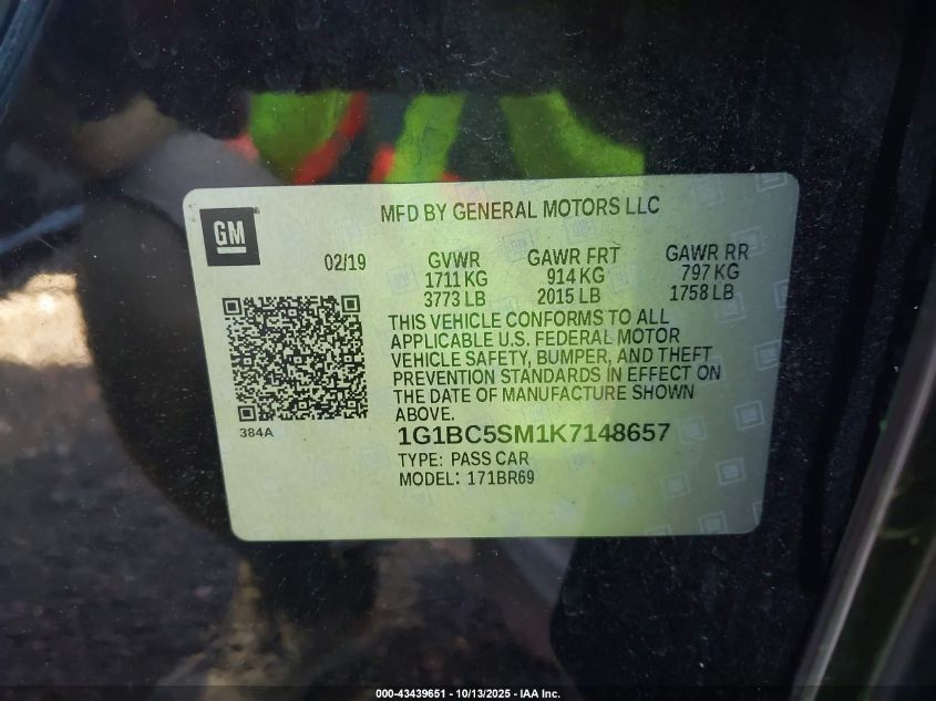 2019 Chevrolet Cruze Ls VIN: 1G1BC5SM1K7148657 Lot: 43439651