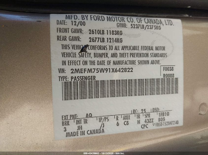 2001 Mercury Grand Marquis Ls VIN: 2MEFM75W91X642822 Lot: 43439663