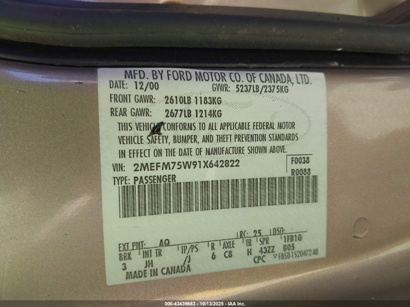 2001 Mercury Grand Marquis Ls VIN: 2MEFM75W91X642822 Lot: 43439663