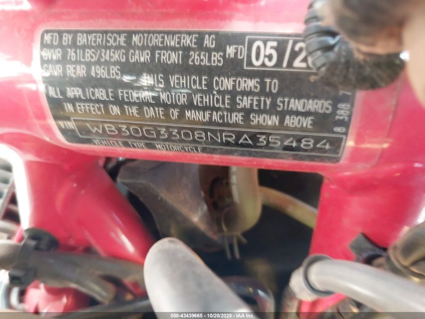 2022 BMW G310 Gs VIN: WB30G3308NRA35484 Lot: 43439665