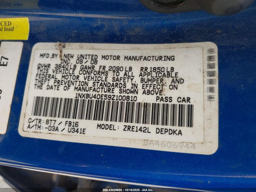 2009 Toyota Corolla VIN: 1NXBU40E59Z100810 Lot: 43439688