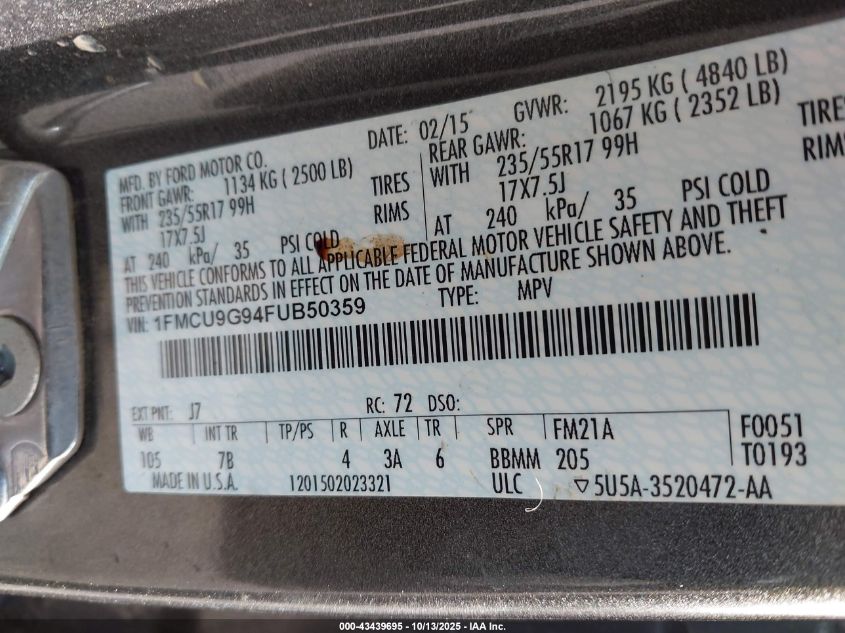 2015 Ford Escape Se VIN: 1FMCU9G94FUB50359 Lot: 43439695