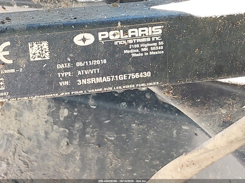 2016 Polaris Ranger 570 VIN: 3NSRMA571GE756430 Lot: 43439706