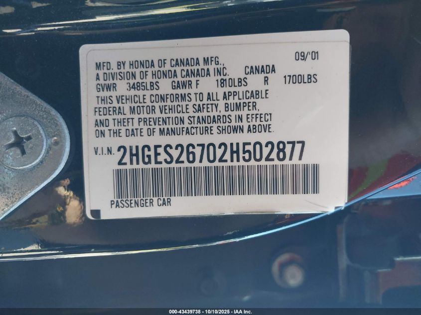 2002 Honda Civic Ex VIN: 2HGES26702H502877 Lot: 43439738