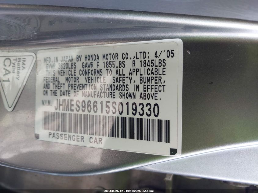 2005 Honda Civic Hybrid VIN: JHMES96615S019330 Lot: 43439742