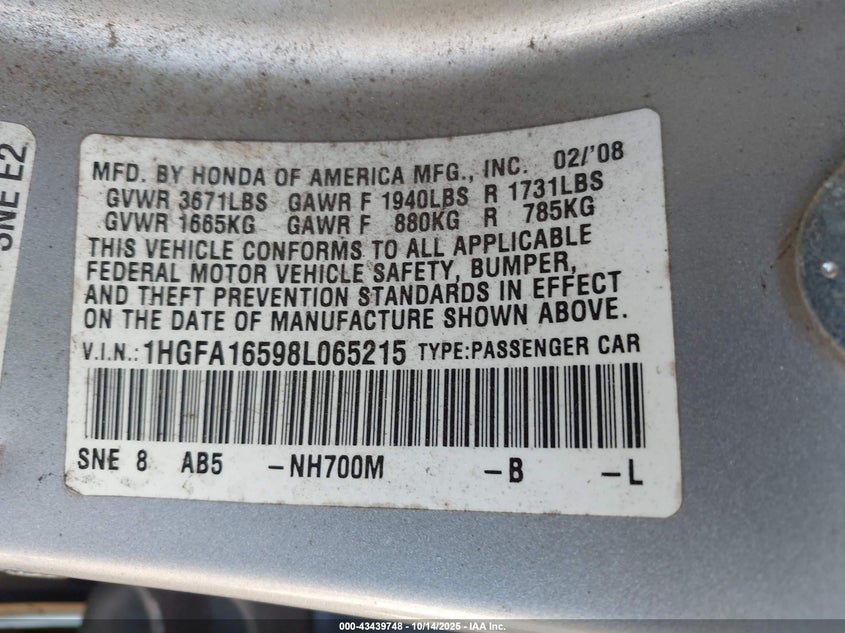 1HGFA16598L065215 2008 HONDA CIVIC photo no. 9
