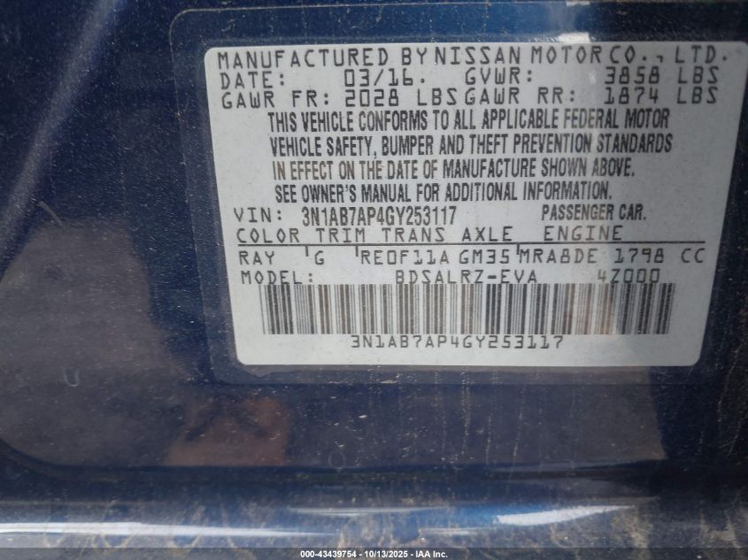 2016 Nissan Sentra Sr VIN: 3N1AB7AP4GY253117 Lot: 43439754