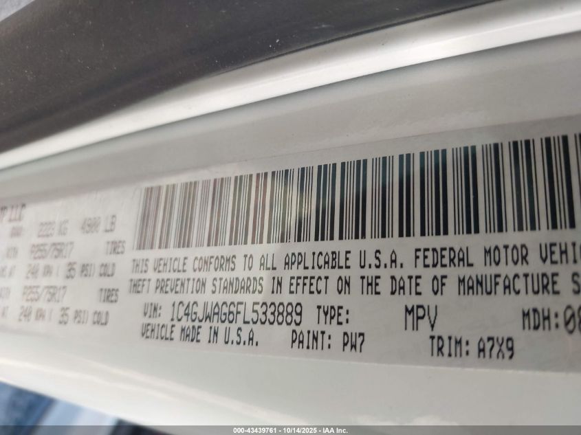 2015 Jeep Wrangler Sport VIN: 1C4GJWAG6FL533889 Lot: 43439761