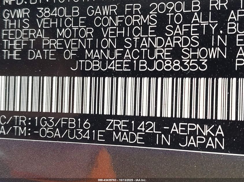 2011 Toyota Corolla Le VIN: JTDBU4EE1BJ088353 Lot: 43439763