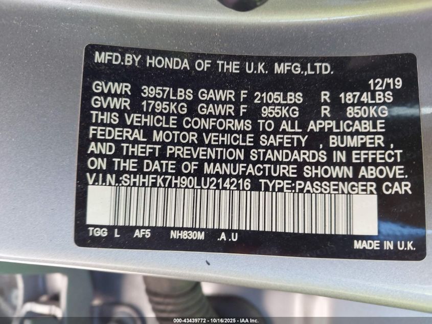 2020 Honda Civic Sport Touring VIN: SHHFK7H90LU214216 Lot: 43439772