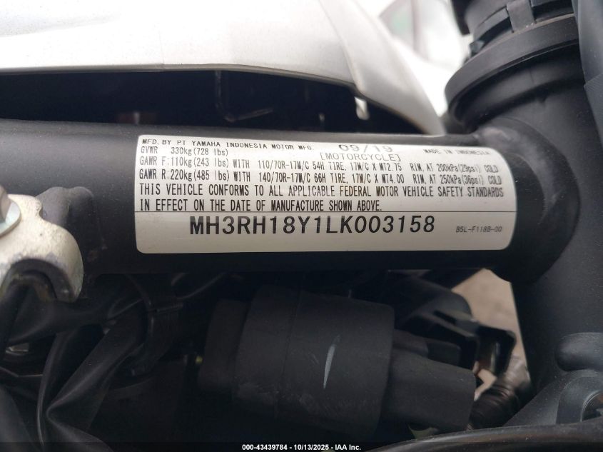 2020 Yamaha Yzfr3 A VIN: MH3RH18Y1LK003158 Lot: 43439784