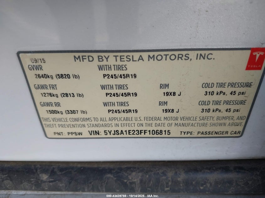 5YJSA1E23FF106815 2015 TESLA MODEL S photo no. 9