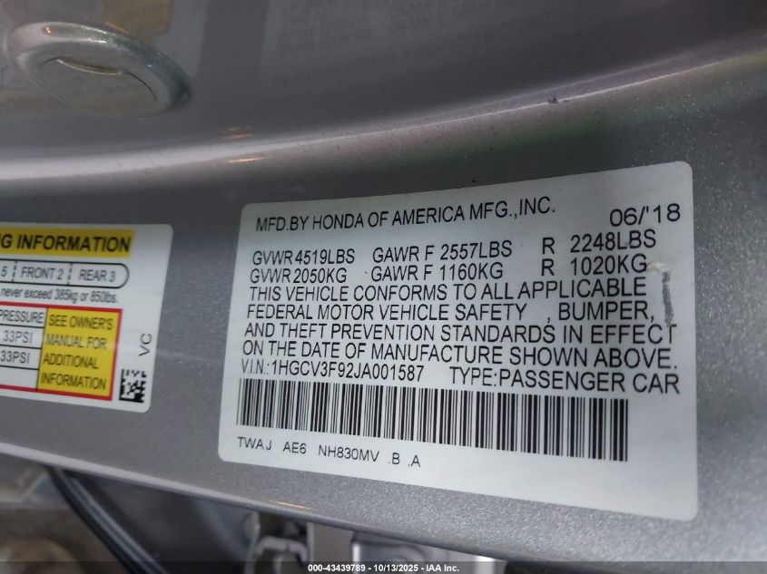 2018 Honda Accord Hybrid Touring VIN: 1HGCV3F92JA001587 Lot: 43439789