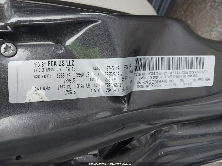 2019 Dodge Grand Caravan Sxt VIN: 2C4RDGCG6KR562300 Lot: 43439790