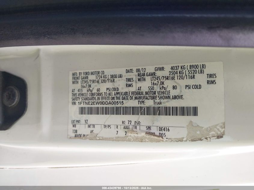 2013 Ford E-250 Commercial VIN: 1FTNE2EW0DDA00515 Lot: 43439798