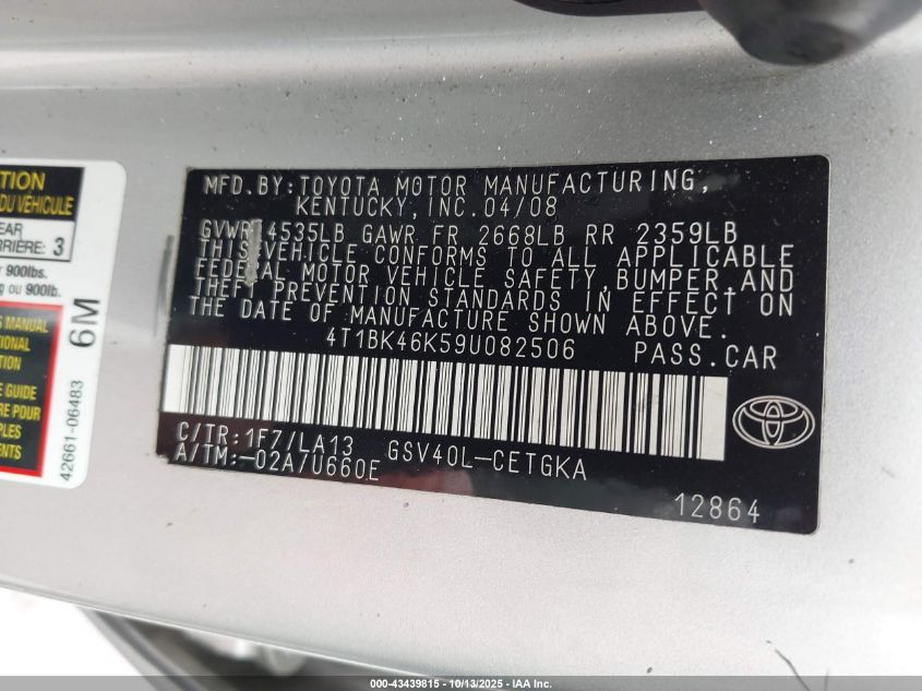 2009 Toyota Camry Xle V6 VIN: 4T1BK46K59U082506 Lot: 43439815