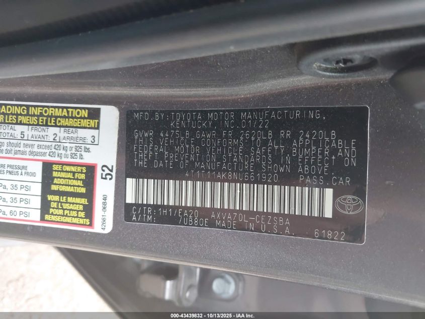 2022 Toyota Camry Se VIN: 4T1T11AK8NU661920 Lot: 43439832