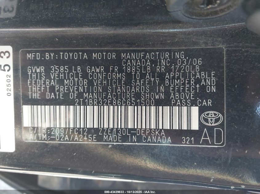 2006 Toyota Corolla S VIN: 2T1BR32E86C651500 Lot: 43439833