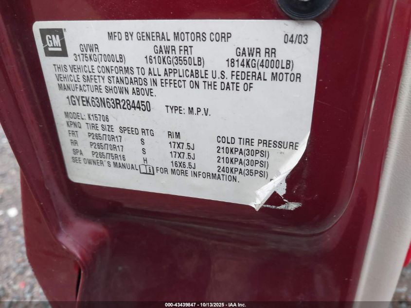 2003 Cadillac Escalade Standard VIN: 1GYEK63N63R284450 Lot: 43439847