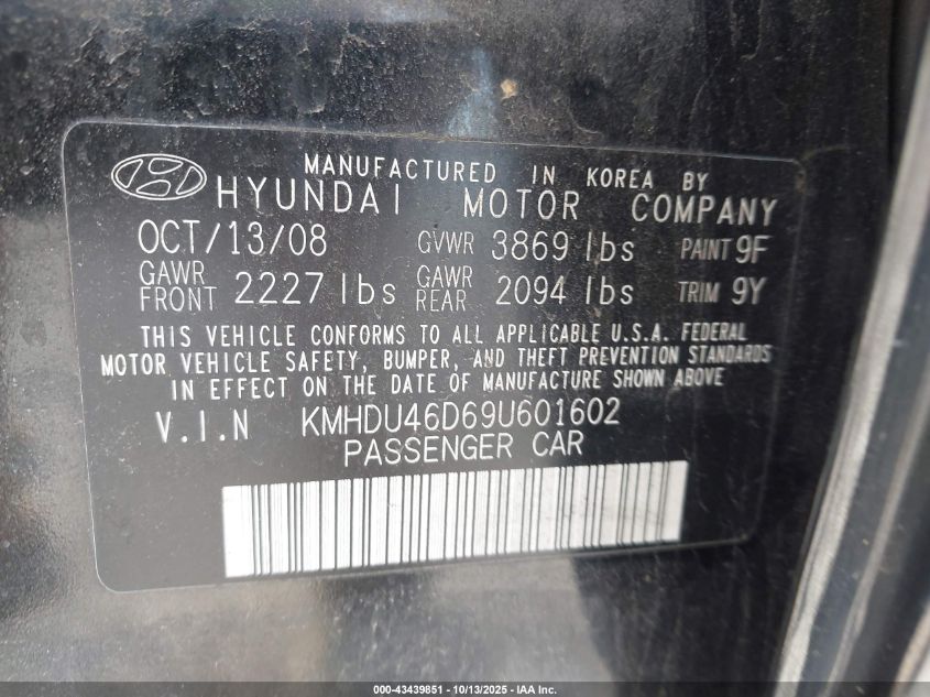 2009 Hyundai Elantra Gls VIN: KMHDU46D69U601602 Lot: 43439851