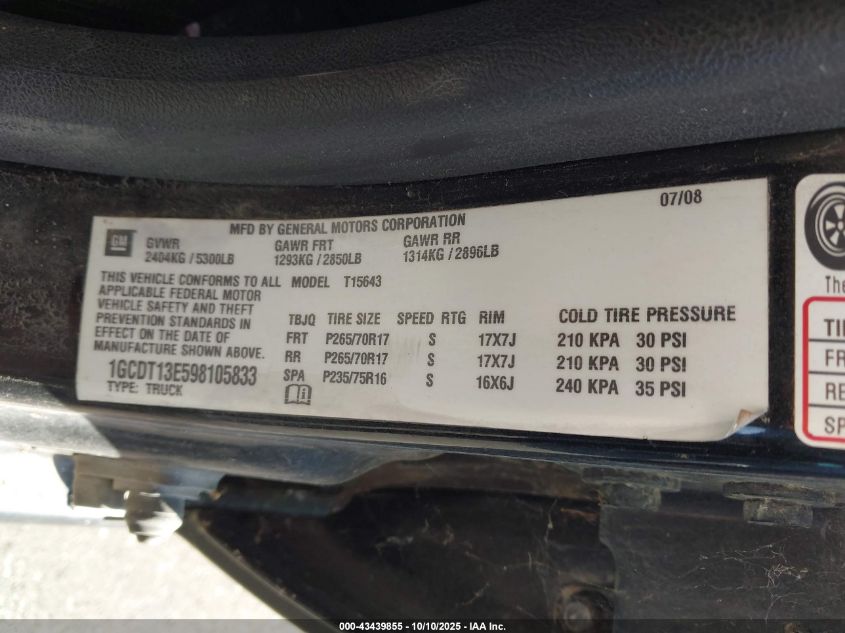 2009 Chevrolet Colorado Lt VIN: 1GCDT13E598105833 Lot: 43439855