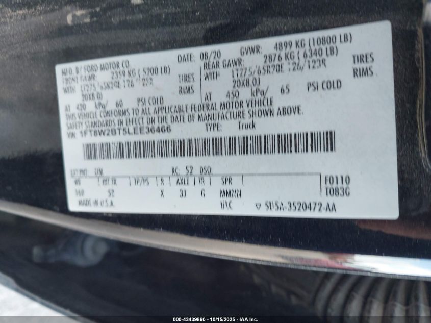 2020 Ford F-250 Lariat VIN: 1FT8W2BT5LEE36466 Lot: 43439860