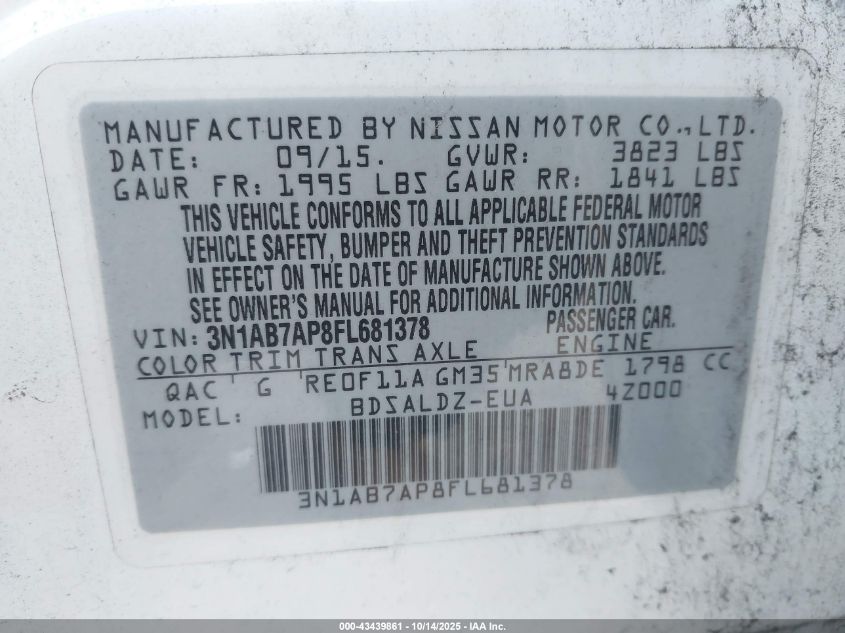 2015 Nissan Sentra Sv VIN: 3N1AB7AP8FL681378 Lot: 43439861