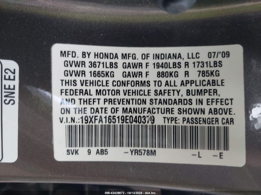 2009 Honda Civic Lx VIN: 19XFA16519E040379 Lot: 43439872