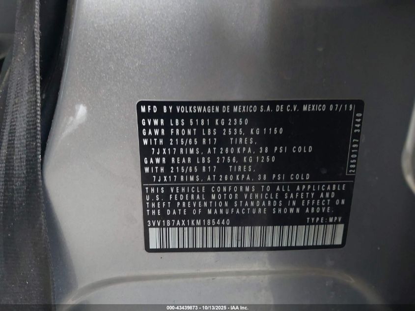 2019 Volkswagen Tiguan 2.0T S VIN: 3VV1B7AX1KM185440 Lot: 43439873