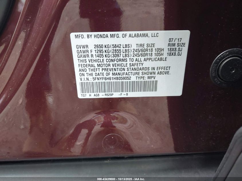 2017 Honda Pilot Ex-L VIN: 5FNYF6H61HB059052 Lot: 43439880