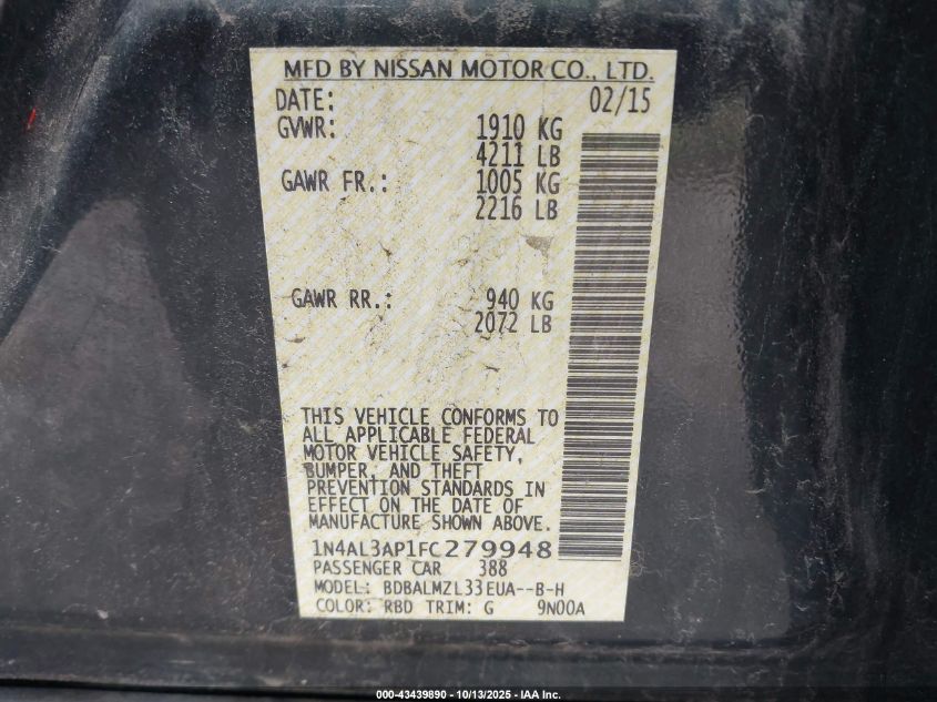 2015 Nissan Altima 2.5 Sv VIN: 1N4AL3AP1FC279948 Lot: 43439890