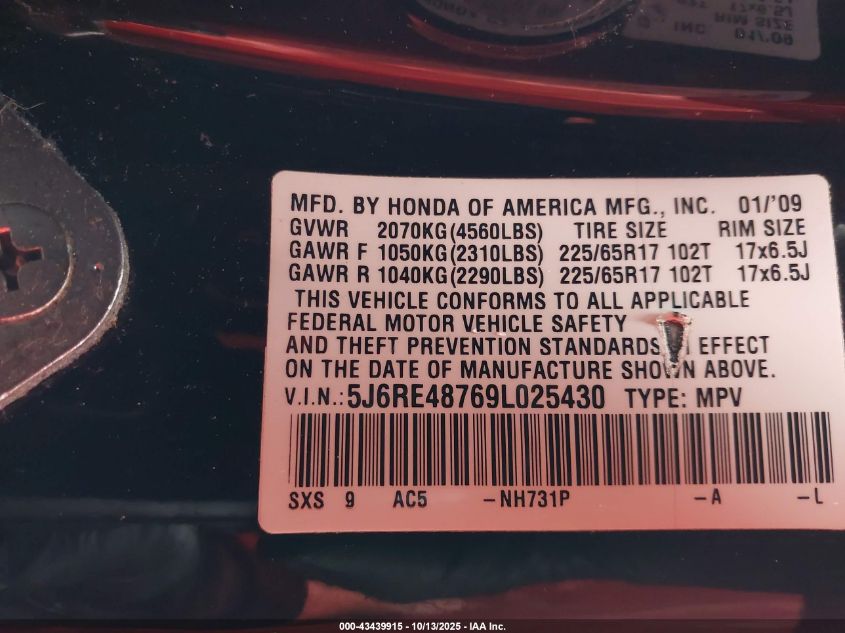 2009 Honda Cr-V Ex-L VIN: 5J6RE48769L025430 Lot: 43439915