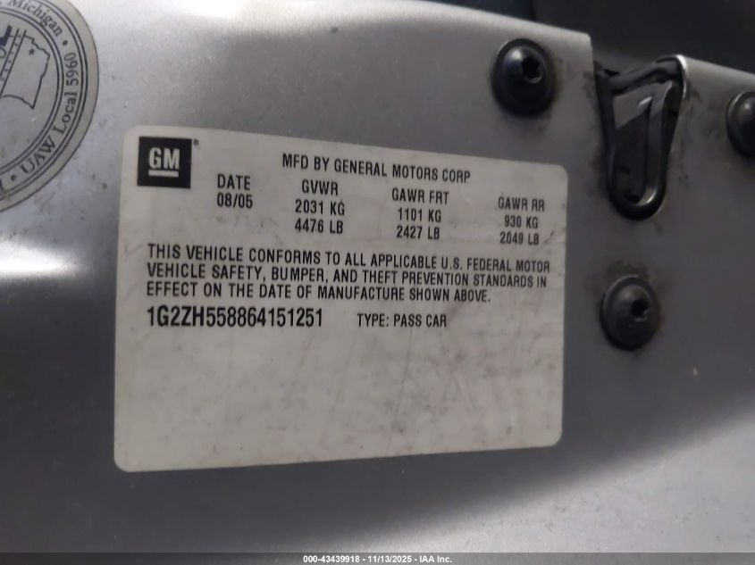 2006 Pontiac G6 Gt VIN: 1G2ZH558864151251 Lot: 43439918