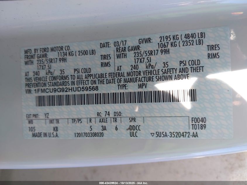 2017 Ford Escape Se VIN: 1FMCU9G92HUD59568 Lot: 43439924