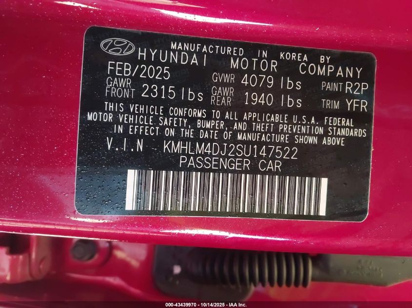 2025 Hyundai Elantra Hybrid Blue VIN: KMHLM4DJ2SU147522 Lot: 43439970