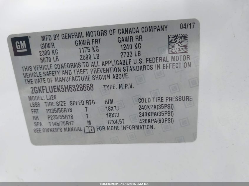 2017 GMC Terrain Slt VIN: 2GKFLUEK5H6328668 Lot: 43439981