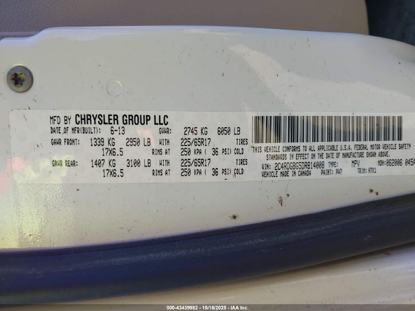 2013 Dodge Grand Caravan Se VIN: 2C4RDGBG5DR814008 Lot: 43439982