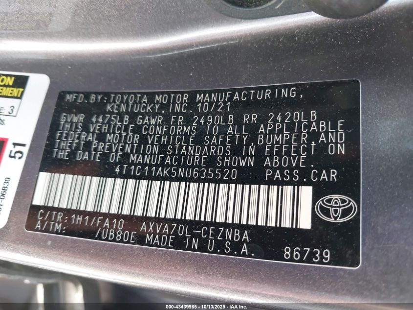 2022 Toyota Camry Le VIN: 4T1C11AK5NU635520 Lot: 43439985