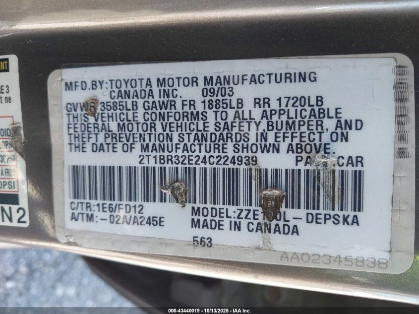 2004 Toyota Corolla S VIN: 2T1BR32E24C224939 Lot: 43440019