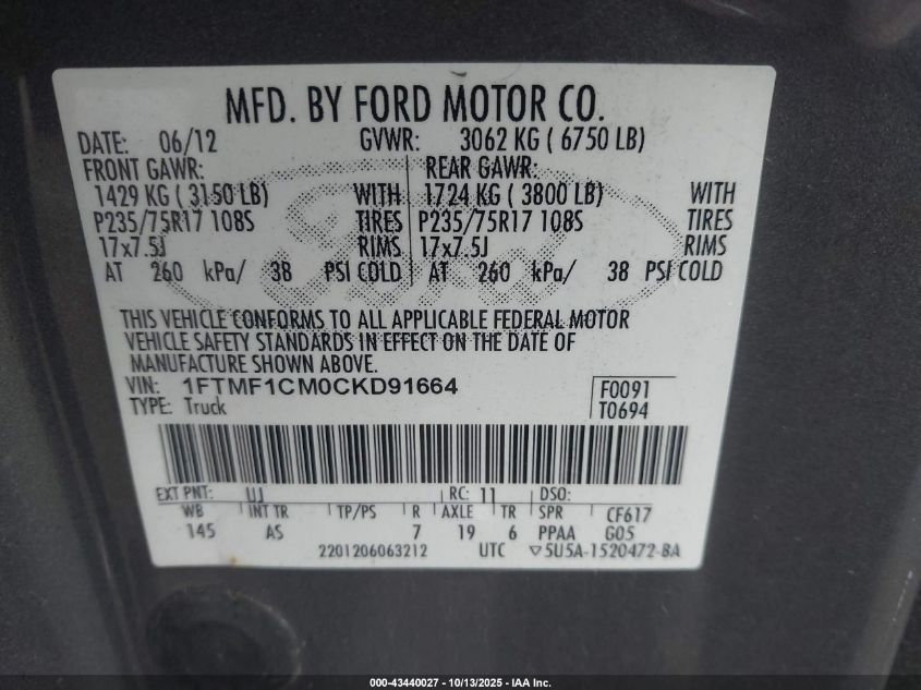 2012 Ford F-150 Xl VIN: 1FTMF1CM0CKD91664 Lot: 43440027