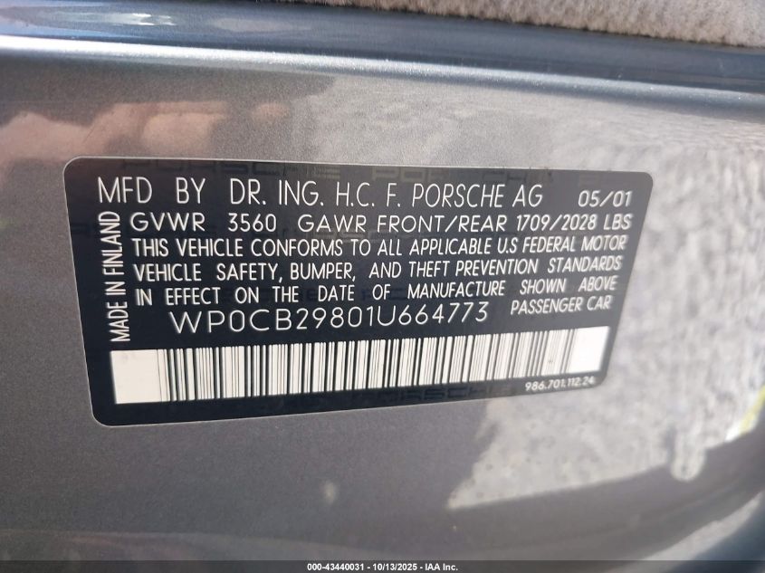 2001 Porsche Boxster S VIN: WP0CB29801U664773 Lot: 43440031