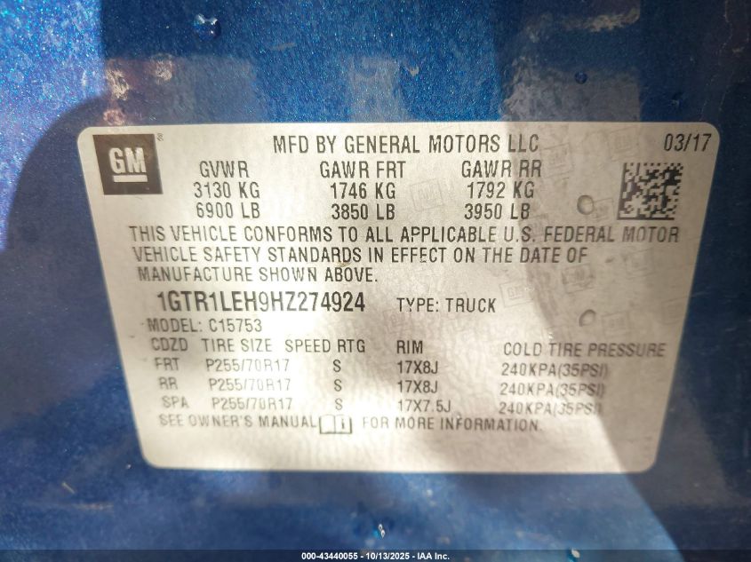 2017 GMC Sierra 1500 VIN: 1GTR1LEH9HZ274924 Lot: 43440055