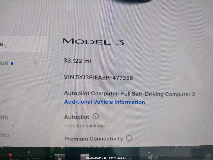 2023 Tesla Model 3 Rear-Wheel Drive VIN: 5YJ3E1EA8PF477356 Lot: 43440077