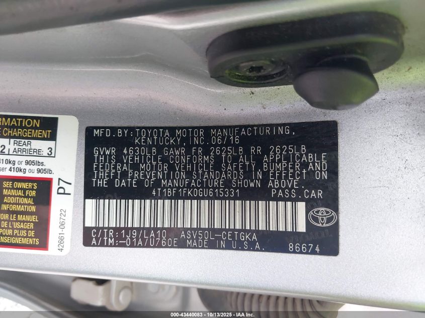 2016 Toyota Camry Xle VIN: 4T1BF1FK0GU615331 Lot: 43440083