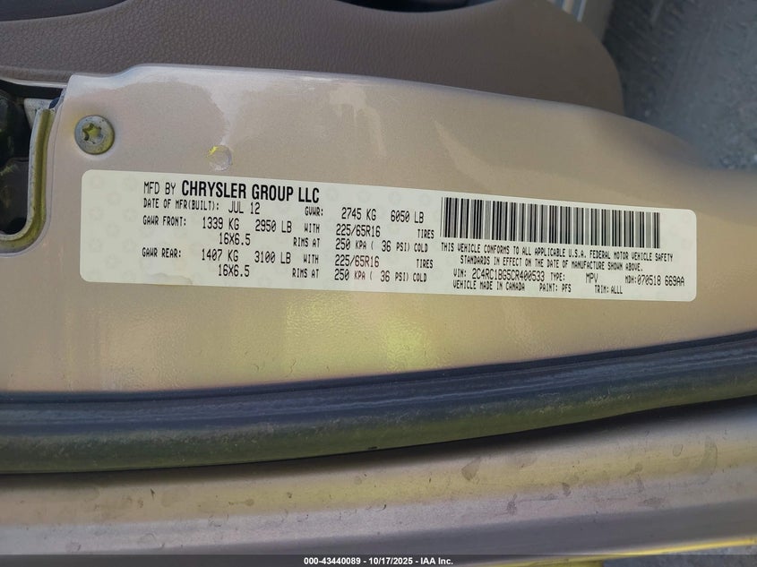 2C4RC1BG5CR400533 2012 CHRYSLER TOWN & COUNTRY photo no. 9