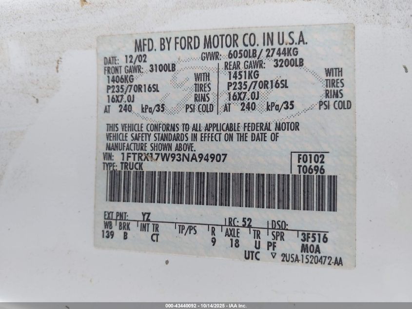 2003 Ford F-150 Lariat/Xl/Xlt VIN: 1FTRX17W93NA94907 Lot: 43440092