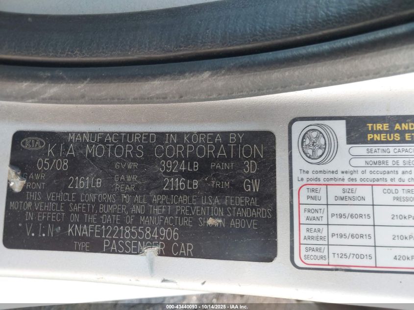 2008 Kia Spectra Ex VIN: KNAFE122185584906 Lot: 43440093