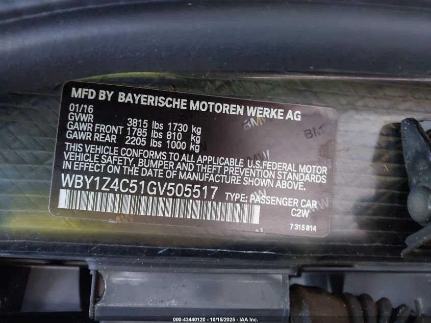 2016 BMW I3 Base W/Range Extender VIN: WBY1Z4C51GV505517 Lot: 43440120